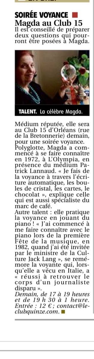 Article Soirée Voyance Magda Cornière à Orleans le 15 Mars 2019