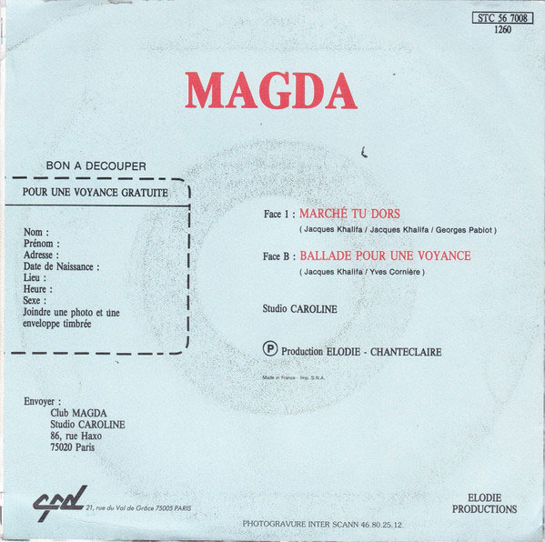Disque Marche tu dors - Ballade pour une voyance, 1986, par Magda